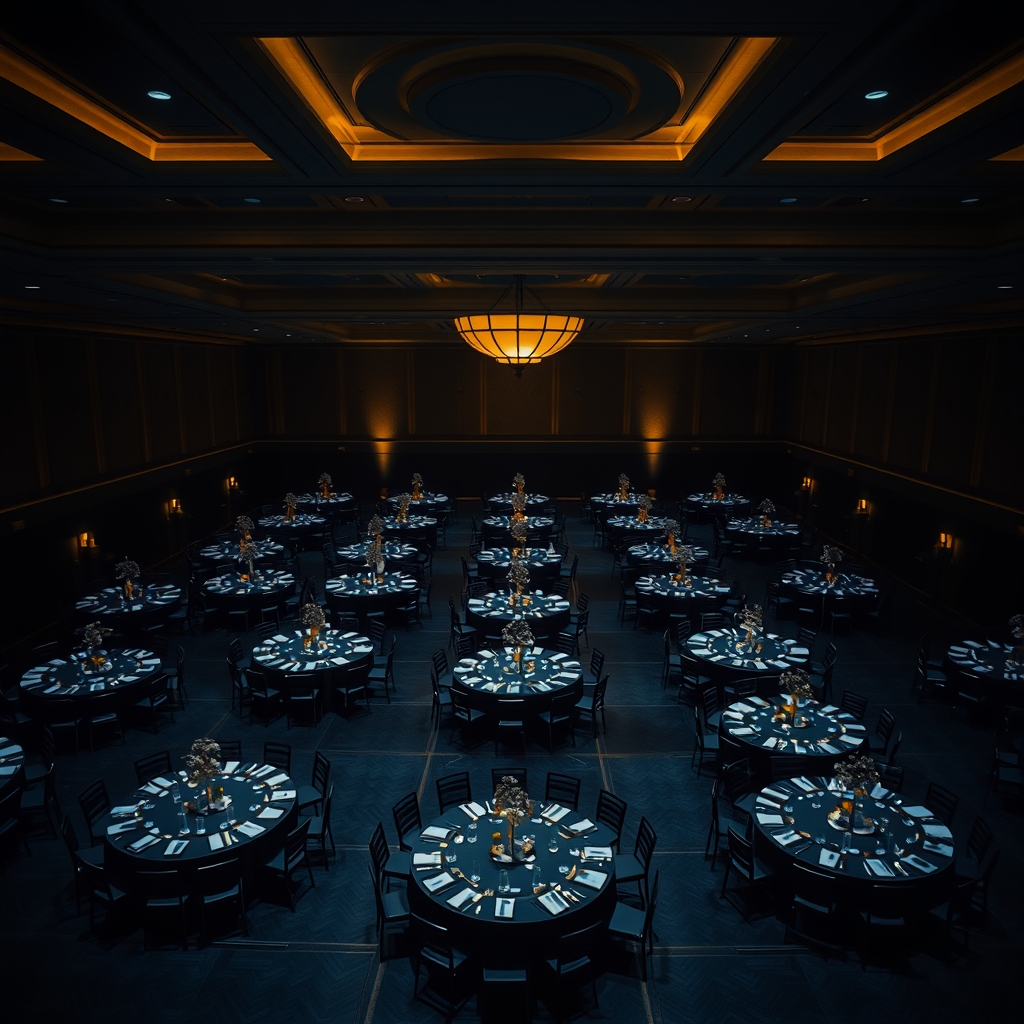 Gala ballroom overhead with dinner tables and golden ambient lighting