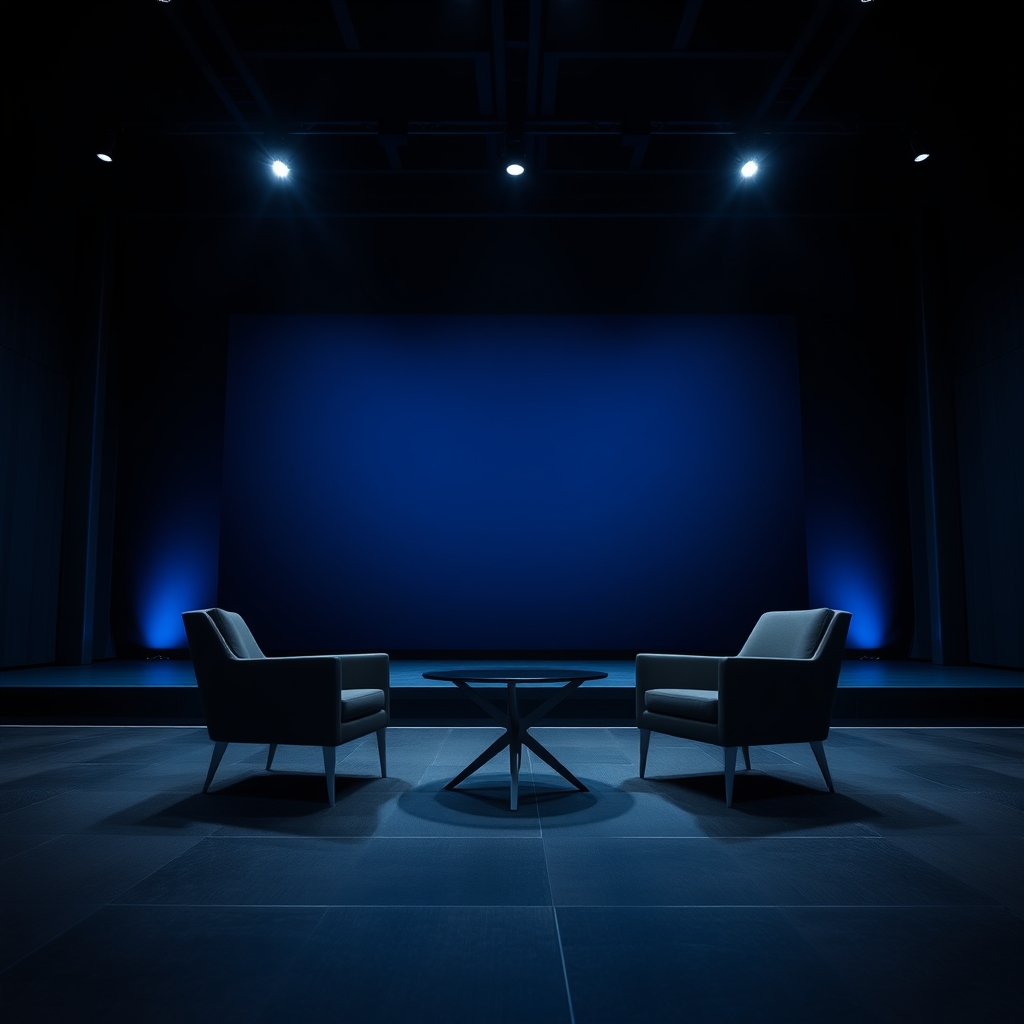 Modern conference keynote stage in a large auditorium with dark blue LED backdrop and matte black chairs.