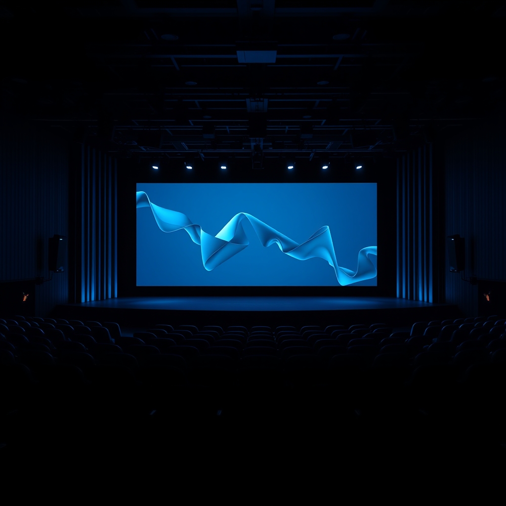Keynote stage from back of audience with slate-blue LED backdrop