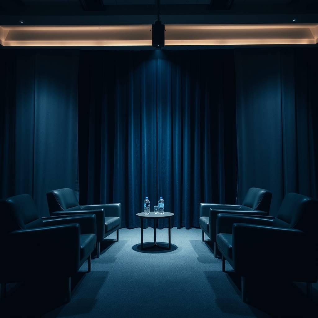 Empty conference panel stage with four dark leather armchairs, semicircle arrangement, deep navy velvet backdrop.