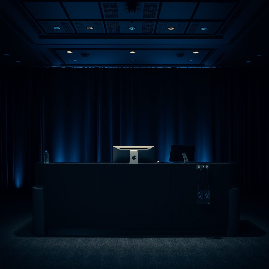 Conference registration desk with backlit blue texture panels
