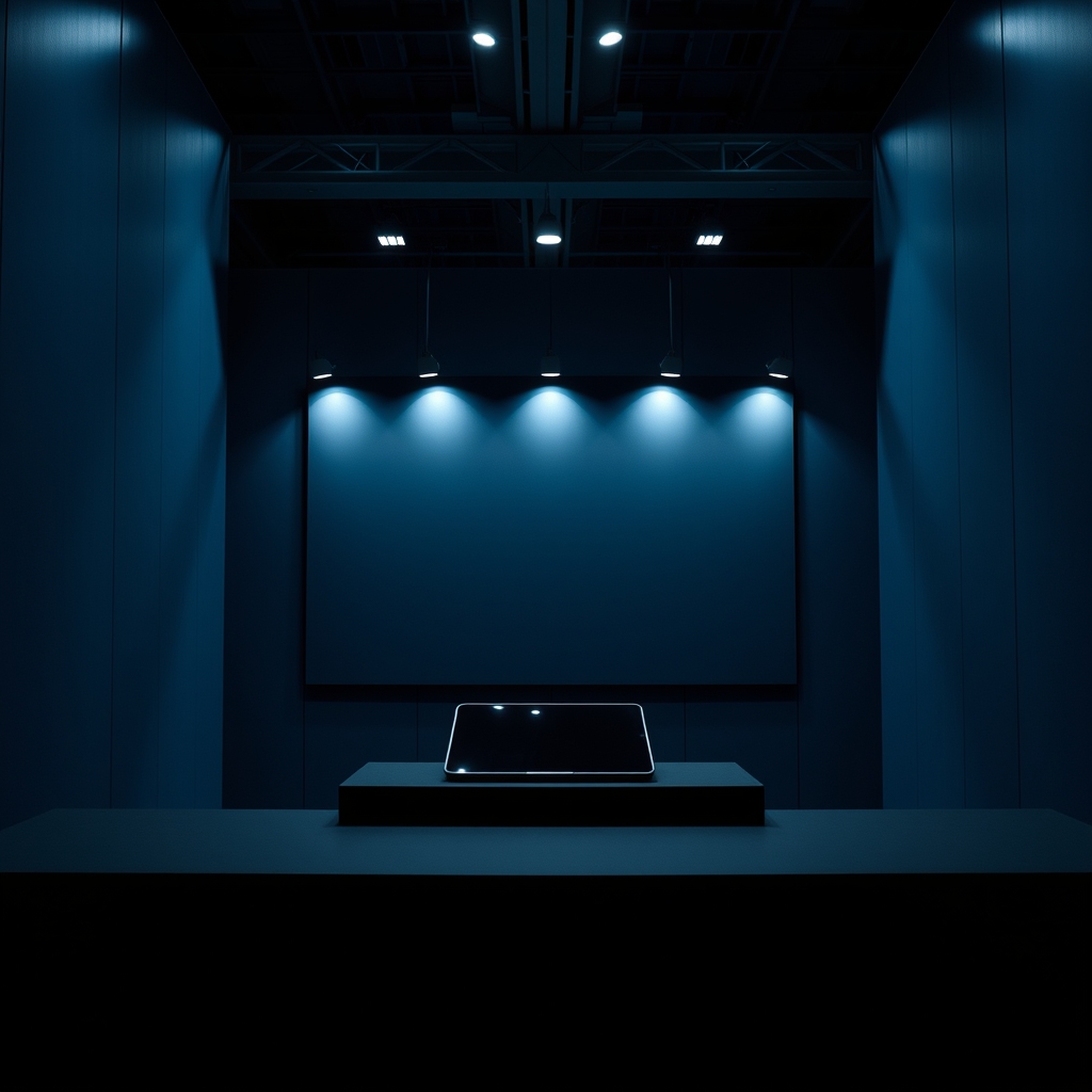 Sponsor activation booth with slate-blue walls and demo tablet
